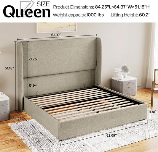 Jocisland Queeen Size Upholstered Platform Bed Frame with Hydraulic Lift Storage, Wingback Headboard, Wood Slats Support, No Box Spring Needed, Linen Off Khaki
