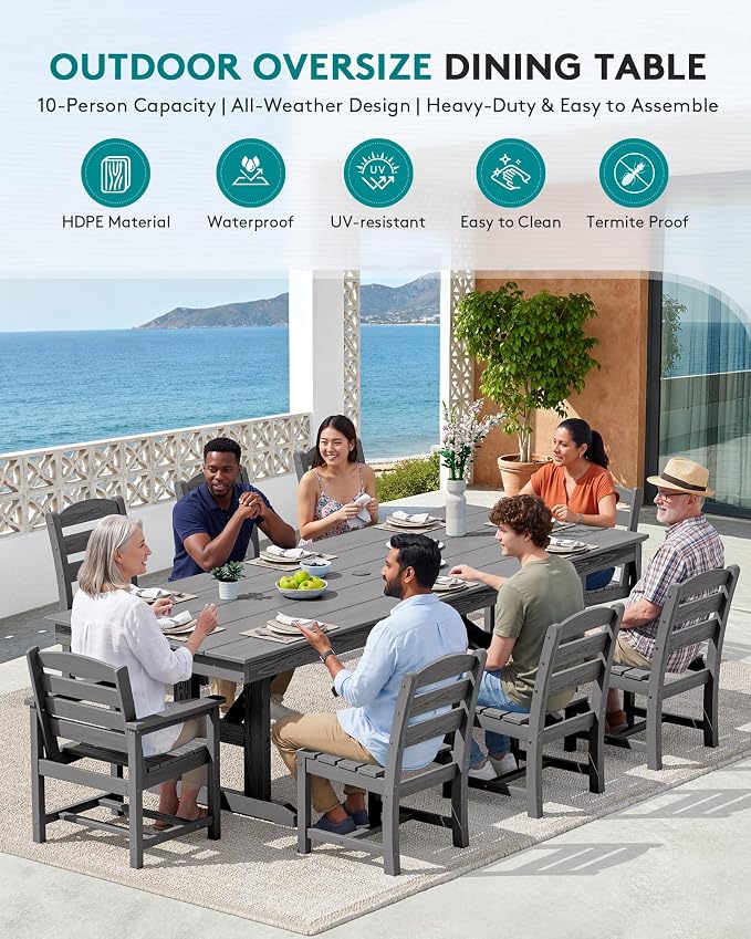SERWALL 10 Piece 84" HDPE Outdoor Dining Set for 8 with 6 Armless Chair, 2 Armchairs and Umbrella, Gray