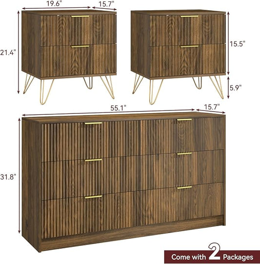 6 Drawer Dresser and Nightstand Sets for Bedroom, 3 Pcs Bedroom Set, Night Stand Set of 2 & 6 Drawer Dresser with Gold Handles, Modern Wood Chest of Drawers Storage Cabinet Set, Natural