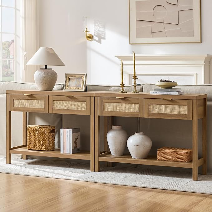 SICOTAS Console Table Set of 2 - Boho Entryway Table with Rattan Drawers, Rattan Console Table with 2 Tier Shelf, Narrow Long Sofa Tables for Living Room, Entry Table for Hallway, Foyer