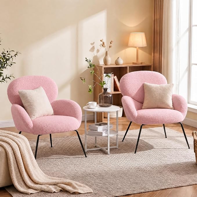 Accent Chair, Cloud Accent Chair for Bedroom, Boucle Fabric (Pink) | Comfy Bedroom Chair with Love Back and Sturdy And Durable Solid-Wood Frame/ Study Room / Bedroom / Living Room /(Cream Style)