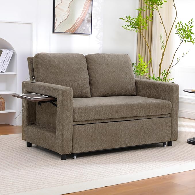 3 in 1 Folding Convertible Sleeper Sofa Bed Pull Out Couch with USB Port Side Pockets Side Table Loveseat Sofa Bed with Adjustable Backrest for Living Room Bedroom Office 66" Darkbrown 2 SEAT