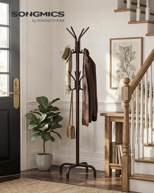 SONGMICS Coat Rack Freestanding with 16 Hooks, Metal Coat Tree Stand with 4 Adjustable Feet, Clothes Hanger Stand for Entryway Bedroom Living Room Hallway Office,Bronze URCR083MZ01S