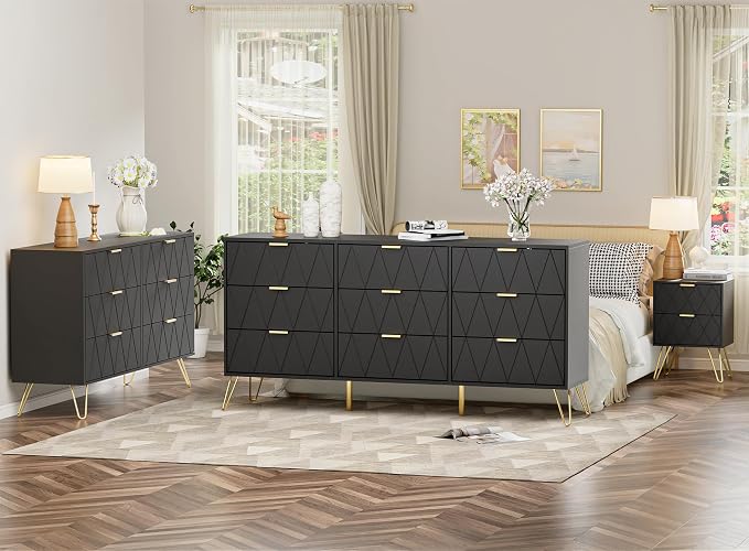 Anbuy Bedroom Sets 3 Piece 9+2+2 Black 9 Drawer Dresser & Nightstands Set of 2 for Bedroom, Two Drawers Nightstand Set of 2 and 9 Drawer Dresser Combo 3 Pieces