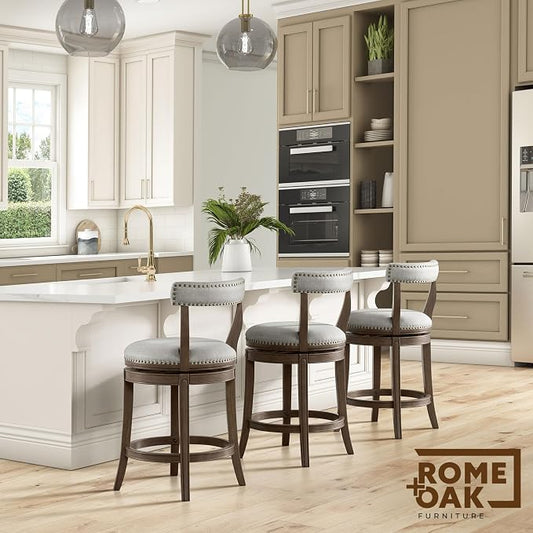 ROME + OAK Ruxban 26" Counter Stool, Set of 4 Low Back Swivel Barstools in Weathered Oak Finish with Sand Fabric Upholstery Seat - Indoor Home Furniture