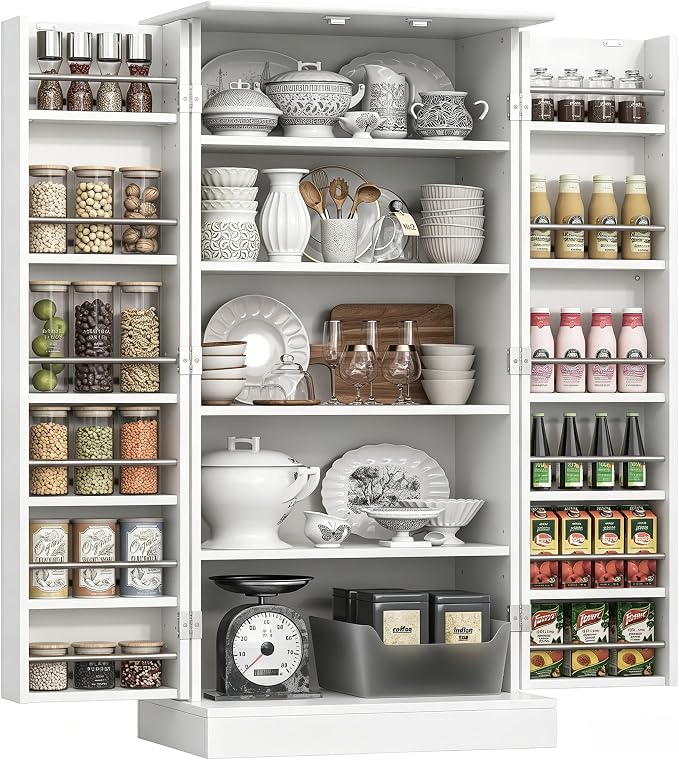 kepptory 47" Kitchen Pantry Cabinet with Doors and Adjustable Shelves, Freestanding Pantry Storage Cabinet, Farmhouse Buffet Cupboard for Kitchen, Dining Room, Living Room, White