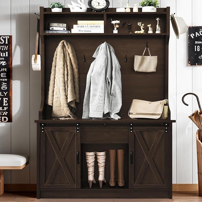4ever2buy Farmhouse Hall Tree with Bench 5-in-1 Entryway Bench with Coat Rack with Sliding Barn Doors Entryway Coat Rack with Shoe Storage (Oak)