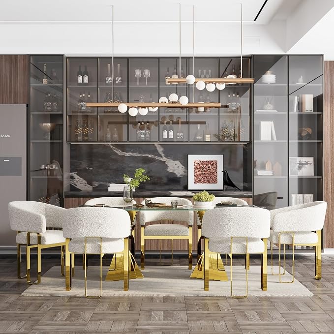 Boucle Dining Chairs Set of 4, White Barrel Dining Chairs with Arms and U-Shaped Mirrored Gold Legs, Modern Side Chairs for Dining Table, Kitchen and Dining Room Restaurant Recepition