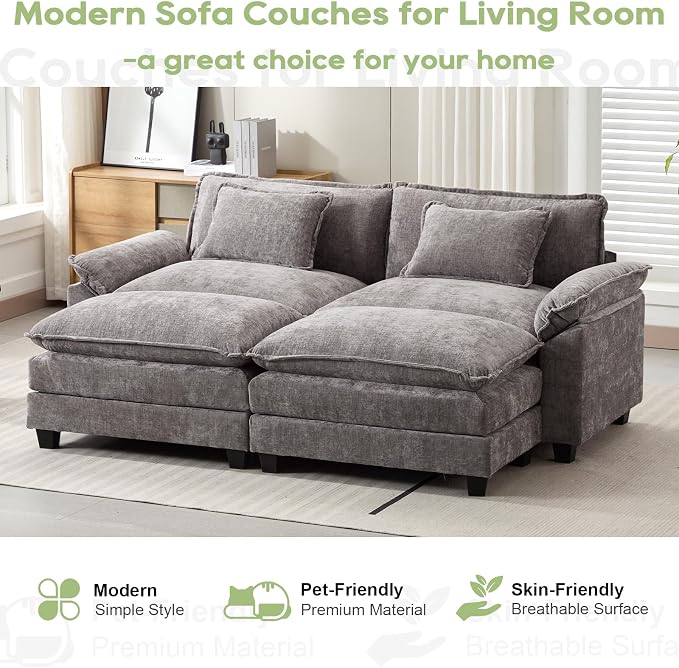 Oprisen 86" Modular Sectional Sofa, Comfy Cloud Couch Sectional Sofa with Ottomans, Chenille Sofa Sleeper Deep Seat Sofa with Throw Pillows for Living Room (Lgiht Grey)