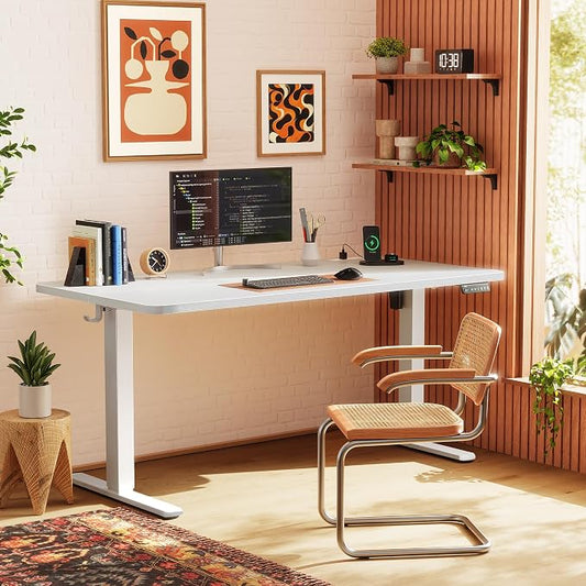 Huuger Electric Standing Desk with Power Outlets and USB-C Port, 55 X 24 Inch Height Adjustable Desk, Sit Stand Desk for Home Office, Computer & Gaming Desk with 4 Presets, Stable Steel Frame, White
