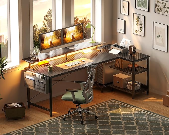 ODK 66 Inch Gaming Desk with USB Charging Ports and LED Lights, Reversible L Shaped Computer Desk with Storage Shelves & Monitor Stand, Corner Gamer Desk Table with Power Outlets, Carbon Fiber Black