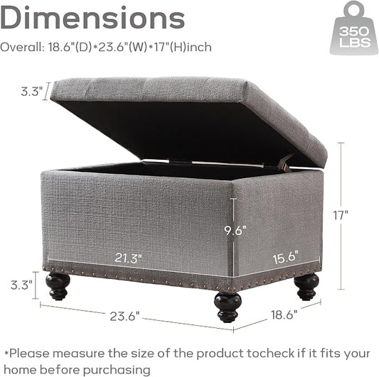 Zihanhome Small Ottoman with Storage, Upholstered Button Tufted Ottoman Foot Rest, Foot Stools, 24" Rectangle Bench with Storage for Living Room, Bedroom, Corners, Dorms and Apartments (Grey)