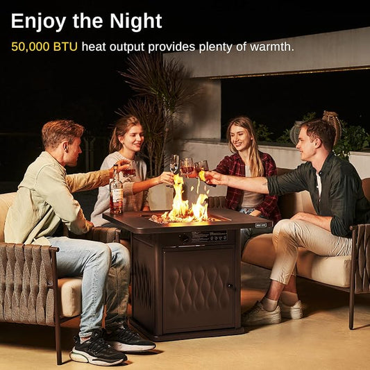 EAST OAK 32'' Propane Fire Pit Table, 50,000 BTU Steel Gas FirePit for Outdoor, Outside Patio Deck and Garden, CSA Certified Fire Table with Magnetic Lid, Cover-Storage Basket and Lava Rock, Brown