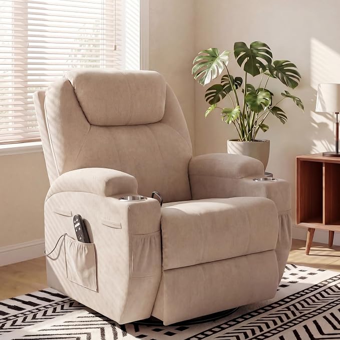 JUMMICO Small Swivel Rocker Recliner, 360 Rocking Chair Recliner with Massage, Upholstered Fabric Rocker Recliner with Cup Holder for Living Room, Bedroom, Nursery (Beige)