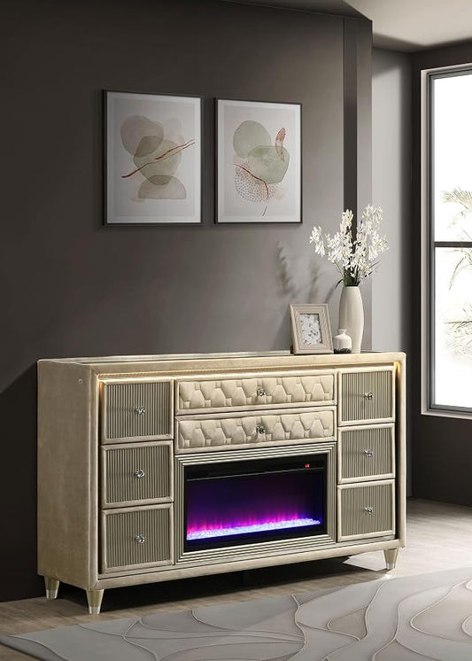 Coaster Home Furnishings - Lorient - Wood and Velvet - 8-Drawer Dresser with Flame Box, LED Lighting, Crystal Knobs and Traditional Style - Bedroom - Ivory and Camel - 222663FB