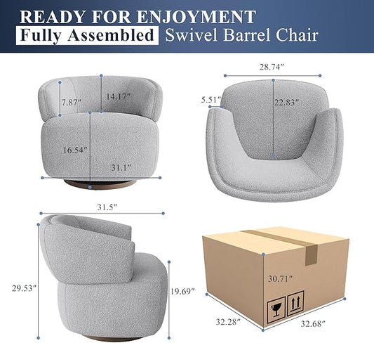 RoyalCraft Swivel Accent Chair, Fully Assembled Round Barrel Chairs, Oversized Upholstered Armchair with 360-Degree Base, Modern Club Chair for Living Room, Bedroom, Office, Grey