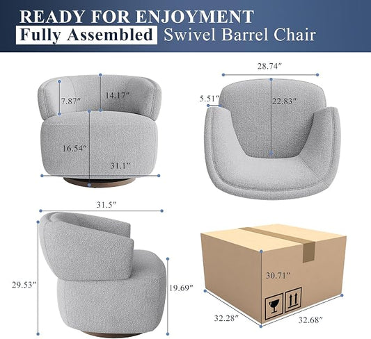 RoyalCraft Swivel Accent Chair Set of 2, Fully Assembled Round Barrel Chairs, Oversized Upholstered Armchair with 360-Degree Base, Modern Club Chair for Living Room, Bedroom, Office, Grey