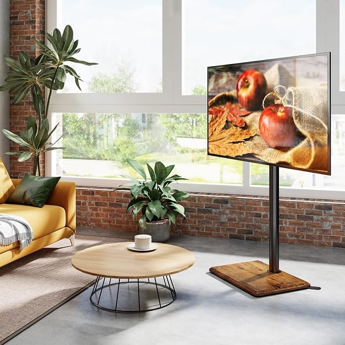 Rfiver Swivel Floor TV Stand with Mount for 32-65 inch TVs up to 88 lbs, Height Adjustable Tall TV Stand with Wood Base, Saving Space Design for Bedroom, Living Room and Corner,Rustic Brown