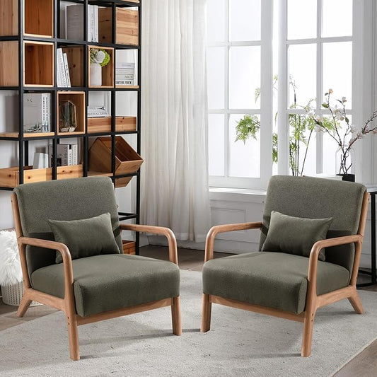INZOY Mid-Century Modern Accent Chair Set of 2, Green Reading Armchair with Waist Cushion, Upholstered Living Room Chairs for Bedroom Sunroom