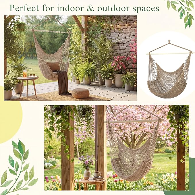 Barydat 2 Pcs Hanging Hammock Chair Boho Swing Chair Outdoor Indoor Comfy Soft Cotton Rope Weaving with 40 Inch Detachable Metal Bars for Backyard Living Room Garden, 270lb Capacity (Brown)
