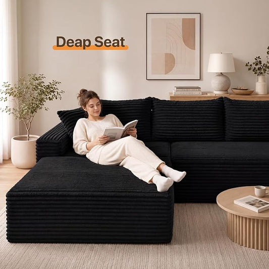 Claiks 104" Boneless Couch, Cloud Couch Sectional, L-Shape Corduroy Modular Sectional Sofa Deep Seat, Upholstered Couches for Living Room, No Assembly Required, Black