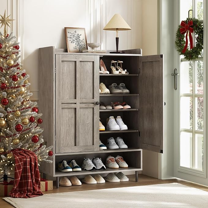 ComfyCorner Grey 7+1 Tier Farmhouse Shoe Storage Cabinet - 45" Tall Entryway Organizer with Cross Molding Doors, 3 Adjustable Shelves & Metal Legs, Shoe Rack for Front Door Entrance