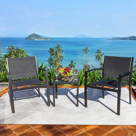Homall 3 Pieces Patio Furniture Set Outdoor Patio Conversation Textilene Bistro Set Modern Porch Lawn Chairs with Coffee Table for Home and Balcony (Black)