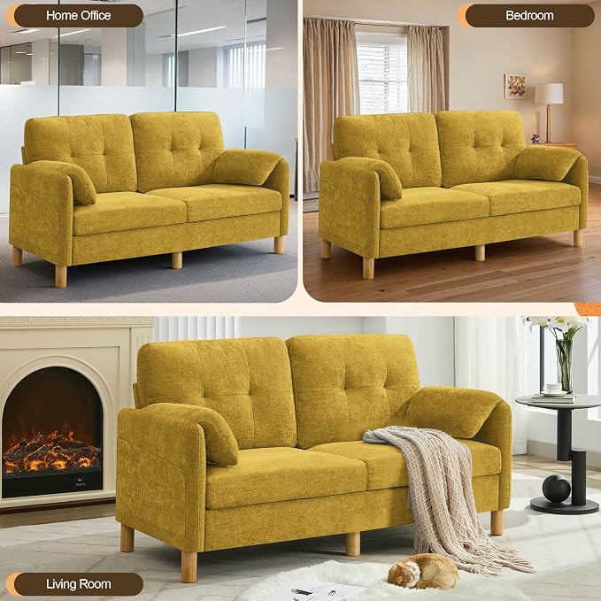 WUTUTUEE 65" Chenille Loveseat Sofa, Modern 2-Seater Love Seat Couch with Armrest Pillows, Storage Pockets, Easy Assembly, Upholstered Tufted Loveseat Couches for Living Room Bedroom, Yellow