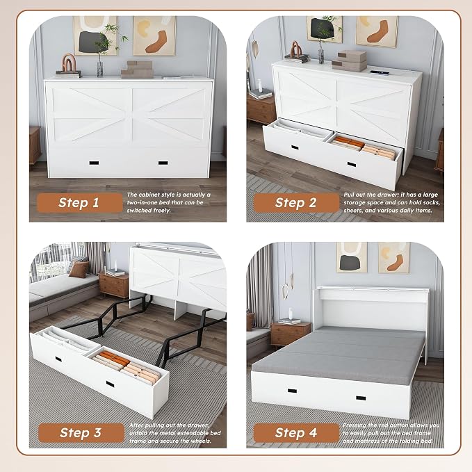 Bellemave Full Murphy Bed with Mattresses and Charging Stations and Storage Drawer, Farmhouse Murphy Cabinet Bed with Foldable Panel, Noisy Free, for Guest Bedroom, Living Room, White