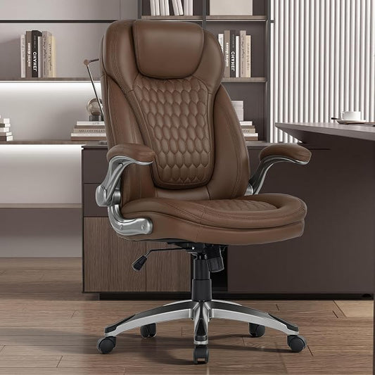 COLAMY Executive Office Chair-Ergonomic Computer Desk Chair, High Back Leather Chair with Padded Flip-up Arms, Swivel Home Office Chair Upgraded Caster, Brown