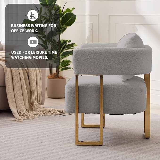 YISHENG Modern Barrel Accent Chairs Set of 2, Living Room Side Chairs with Golden Metal Legs Soft Teddy Upholstered Reading Armchairs no Wheels for Vanity/Reception Room//Bedroom/Lounge/Office, Grey