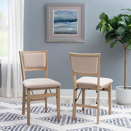 Linon Keira Natural Rustic Wooden Folding Chair with Beige Upholstered Seat and Back Set of 2