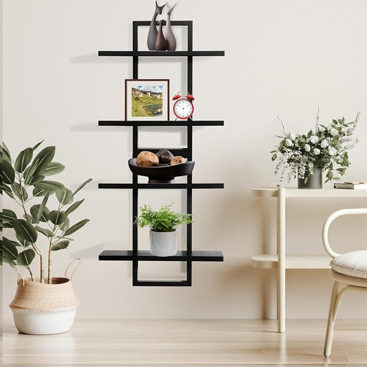 PHOENANCEE Floating Shelves for Wall,Display Hanging Shelf Set of 2,Modern Decorative Plants Shelves,Wood Home Decor Storage Chic for Living Room Bedroom Bathroom Office,Oak Frame,2-Tier Black