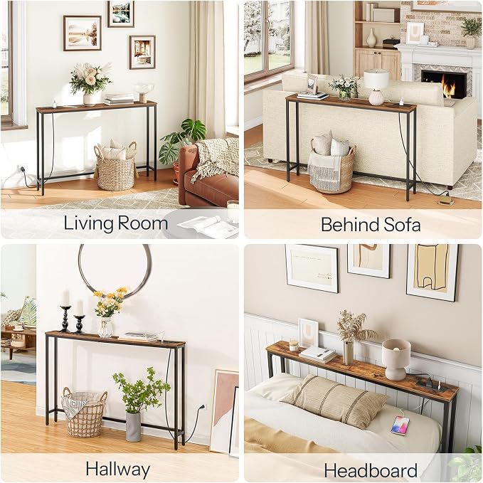 HOOBRO 47.2" Narrow Console Table with Power Outlet, 5.9" Behind Couch Table with Charging Station, Long Sofa Side Table, Skinny Entryway Table for Living Room, Hallway, Foyer, Rustic Brown BF15XG01G1