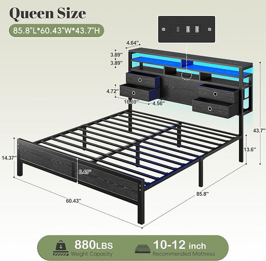 Homkdom Queen Bed Frame with 3-Tier Storage Headboard and 4 Fabric Drawers, LED Light & Charging Station, Noise-Free Metal Platform, No Box Spring Needed, Easy Assembly, Black