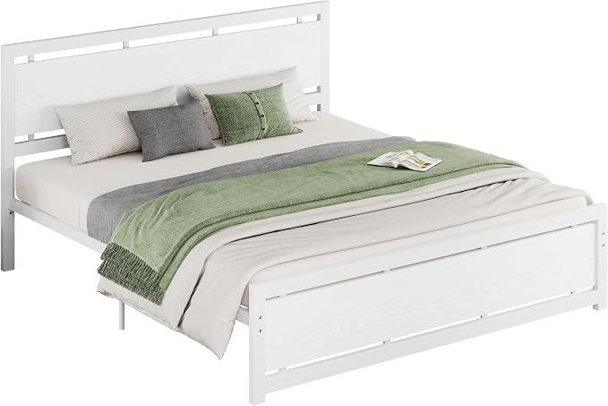 LIKIMIO California King Bed Frame with Headboard and Footboard, Metal Strong Supports, Easy Assembly, Noise-Free, No Box Spring Needed, White