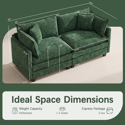 Oversized Loveseat Sofa, 70" Sectional Cloud Couch, 2 Seat Modern Comfy Sofa Chenille Deep Seat Couches with 2 Pillows, for Small Apartment, Bedroom, Living Room(Green 70" Loveseat)