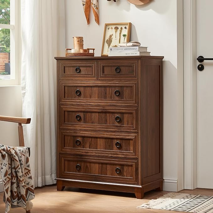 Joaxswe Farmhouse 6 Drawer Dresser for Bedroom Set of 2, 41" Tall Small Dressers & Chest of Drawers, Rustic Wood Dresser with Metal Handle, Storage Organizer Closet for Living Room, Hallway, Entryway