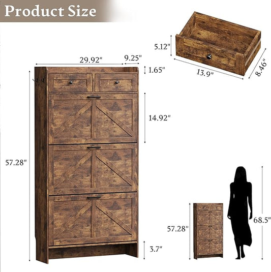 BORNOON Shoe Storage Cabinet for Entryway, Farmhouse Narrow Shoe Cabinet with 3 Flip Drawers & 2 Top Drawers, Adjustable Shelves & Hooks, Freestanding Hidden Rack Organizer for Hallway, Foyer
