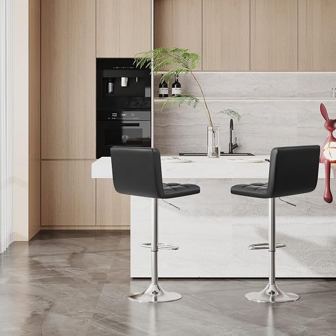 Furniwell Bar Stools Modern Pu Leather Swivel Adjustable Barstools Armless Counter Height Swivel Bar Stool Synthetic Leather Height Square Barstool with Set of 2(Black)