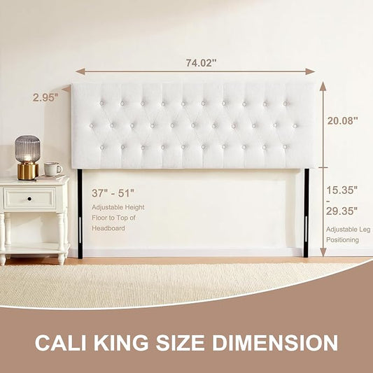 Upholstered Headboard California King, Adjustable Height 37''- 51'', White | Sturdy Durable Solid Wood Bed Headboard, Tufted Fabric California King Headboard, Modern Button Diamond Design Head Board