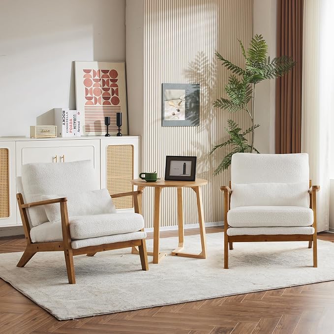 Karl home Mid-Century Lounge Accent Chair, White | Wide Curved Armrest, Teddy Fleece, Lumbar Pillow Included, Solid Wood Frame, For Living Room, Bedroom, Balcony, Apartment
