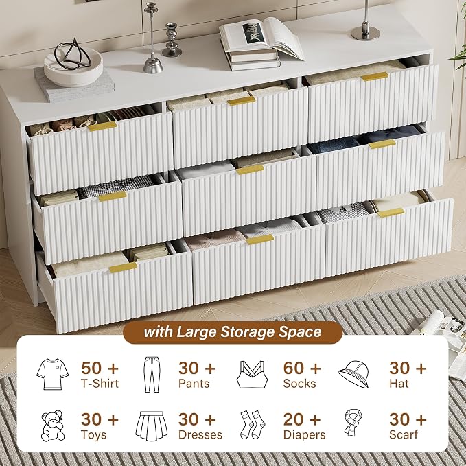 Furniway 3 Piece Bedroom Set, 9 Drawer Dresser and Nightstand Set of 2 with Gold Handles, Modern Wood Chest of Drawers Storage Cabinet for Bedroom, White