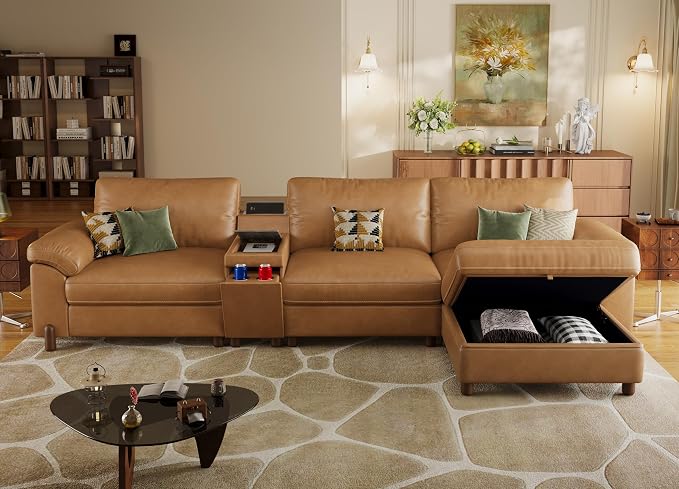 SITJOY Large Cloud Couch, 132" Wide 3 Seater L Shaped with Console, Brown | Pet-Friendly Scratch-Resistant Leather Sectional Sofas for Living Room, Deep Seat Wide Couch with Chaise, Storage Ottoman