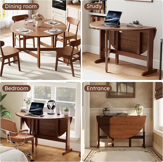 47.2" Solid Wood Small Round Dining Table, 3 in 1 Space Saving Folding Dining Table, Foldable Kitchen Table for 2-6, Round Table with Leaf, Wooden Folding Table Drop Leaf Tables for Small Spaces