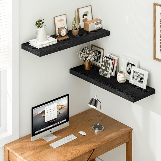 Vivelove Black Floating Shelves, 12" Deep Wall Shelves for Bedroom, Living Room, Kitchen, Office, Rustic Home Decor Shelf with Invisible Brackets, 36X12X1.5, Set of 2