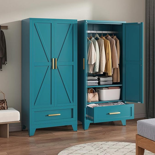 LCAOPC 71" Tall Metal Wardrobe Cabinet with Drawer and Hanging Rod, 2 Doors Armoire Wardrobe Closet with Shelf for Bedroom, Office, Laundry Room, Blue