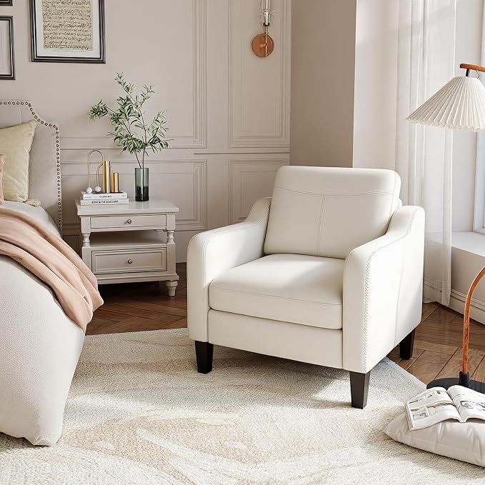 MALOL PU Leather Accent Chair Set of 2, Mid-Century Modern Living Room Armchair Sofa with Removable Cushions, Solid Wood Frame & Stitched Armrest Design, Bedroom Chair with Plastic Legs, Beige