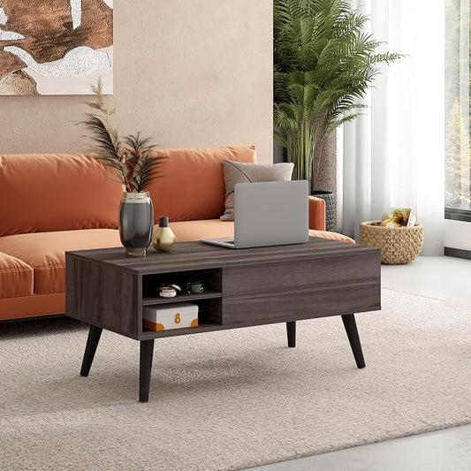 WLIVE Lift Top Coffee Table for Living Room, Small Coffee Table with Storage, Adjustable Shelf and Storage Compartment, Mid Century Modern Living Room Table, Wood, Grey