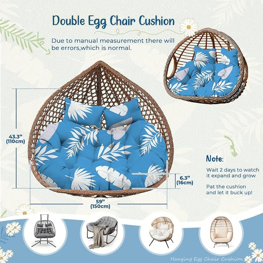 Double Egg Chair Cushion Replacement Waterproof for Outdoor Patio Hanging Basket Large Egg Chairs, 59x43-Inch Thickened 100% Cotton Double Eggs Swing Chair Cushions, Blue Leaf